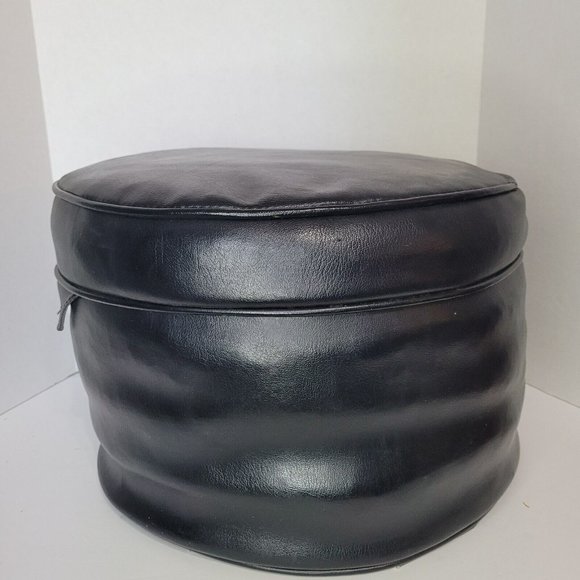 Vtg MCM Retro Black Round Vinyl Ottoman Footstool Hassock 15” Furniture Decore